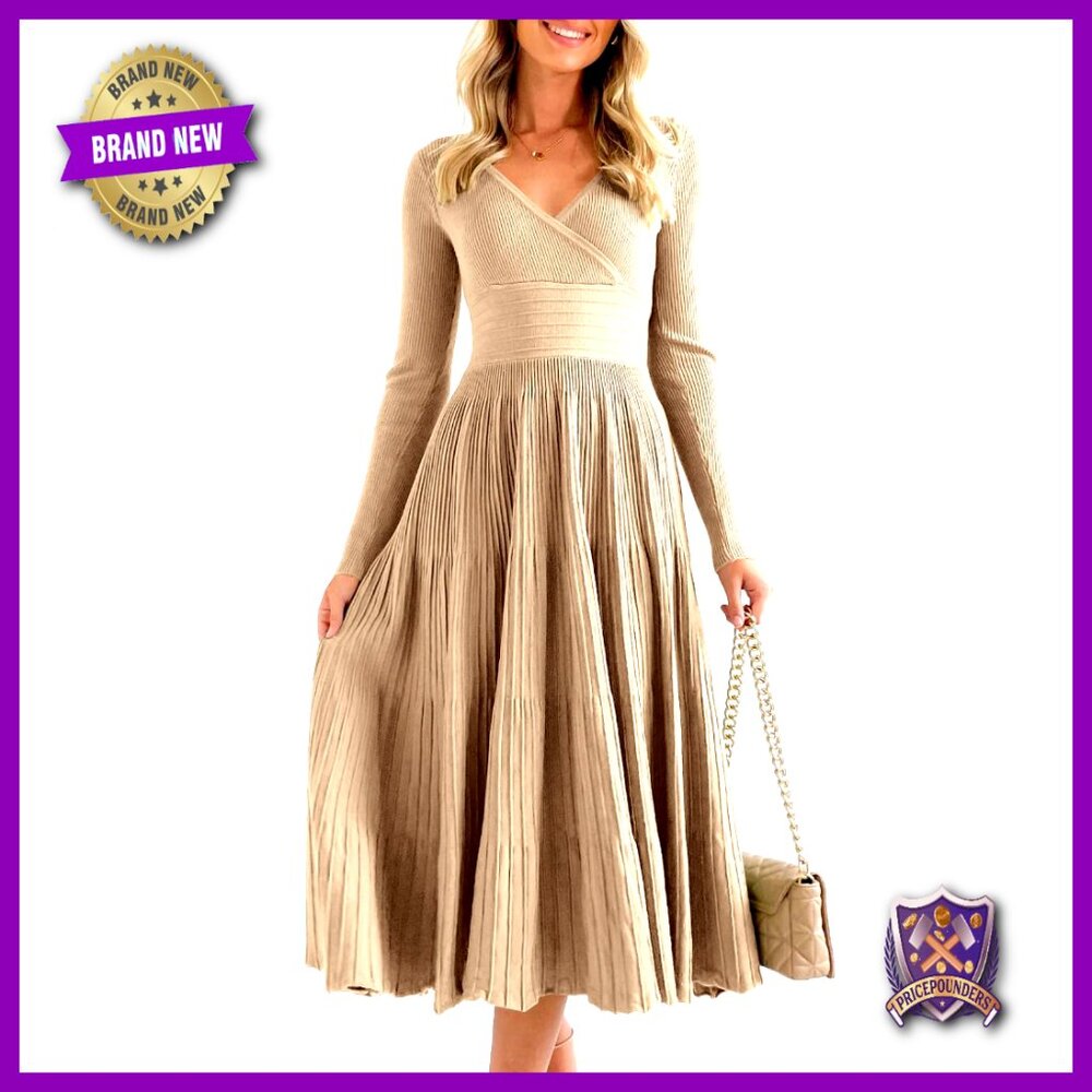 Long Sleeve Midi Sweater Dress Wrap V Neck Pleated A Line Fit Flare